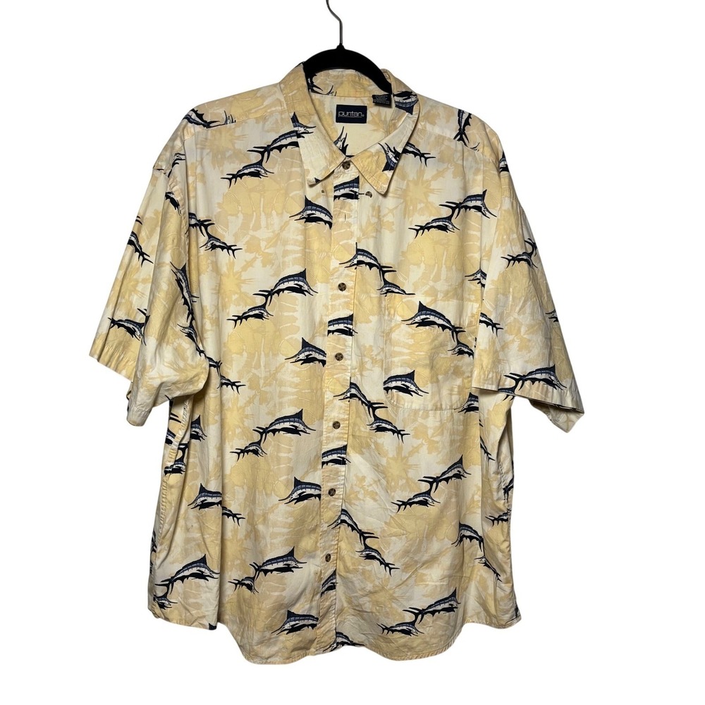 Puritan Mens XL Yellow Marlin Fish Print Cotton Short‎ Sleeve Button Down Shirt